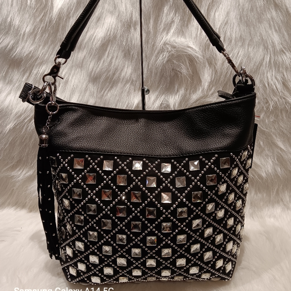 BLACK RHINESTONE AND GEM DESIGN HOBO